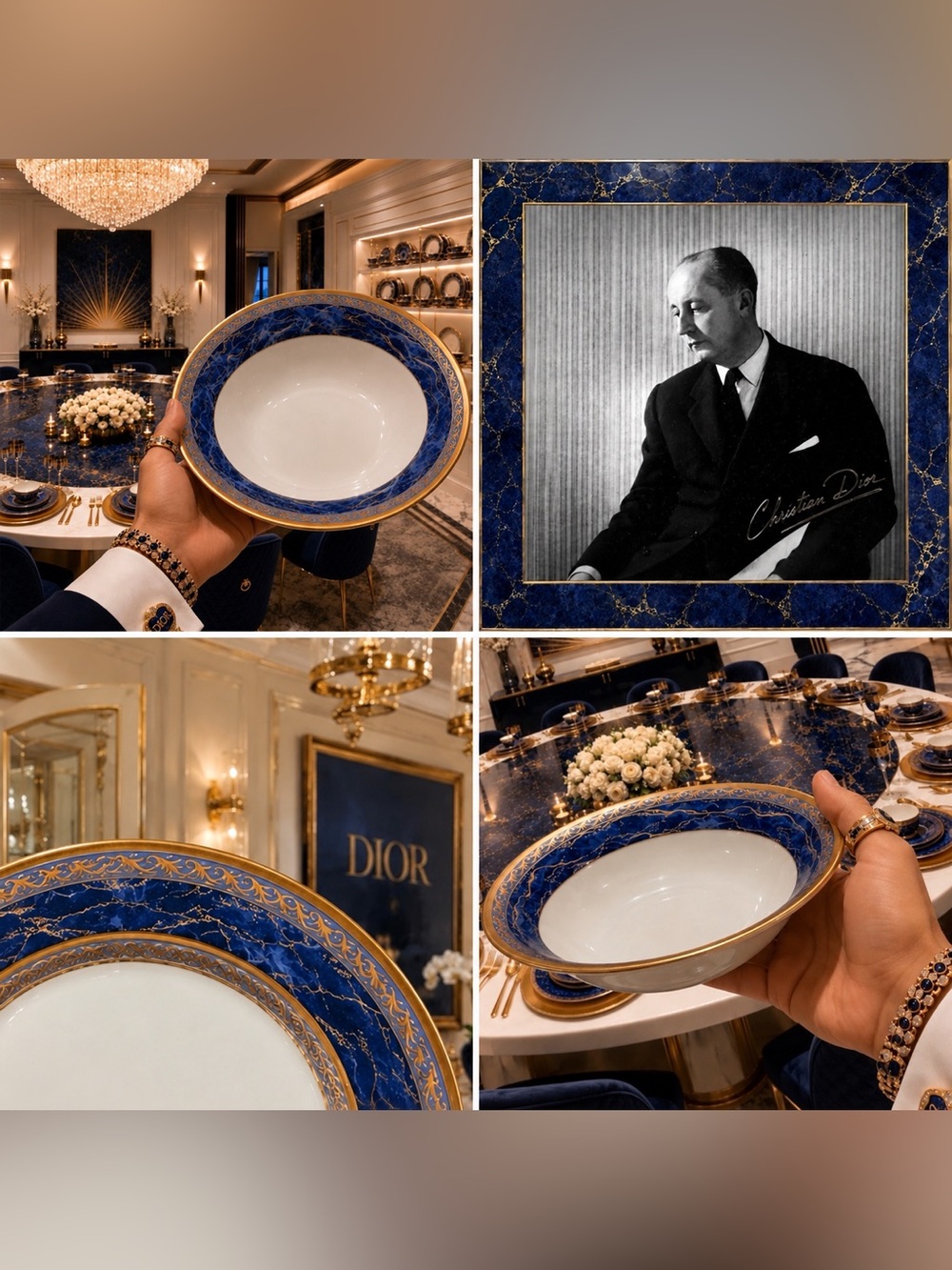 4 PCS Christian Dior Azure Royale Fine Original Art SOUP BOWLS 90’s Vintage GOLD